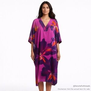 Natori M Majestic Orchid Purple Floral Kaftan Tunic Dress Stretch Oversized